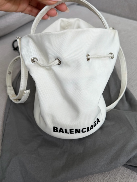Balenciaga Handbags - Balenciaga White Canvas Drawstring Bucket Bag with Black Logo